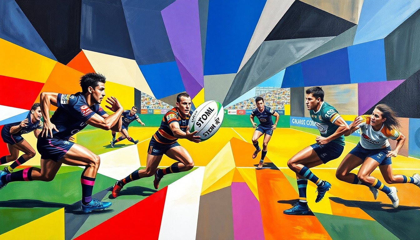 A fragmented, geometric painting depicting a rugby league match in progress, with the players and ball broken down into sharp, overlapping shapes and planes in the team's official colors.