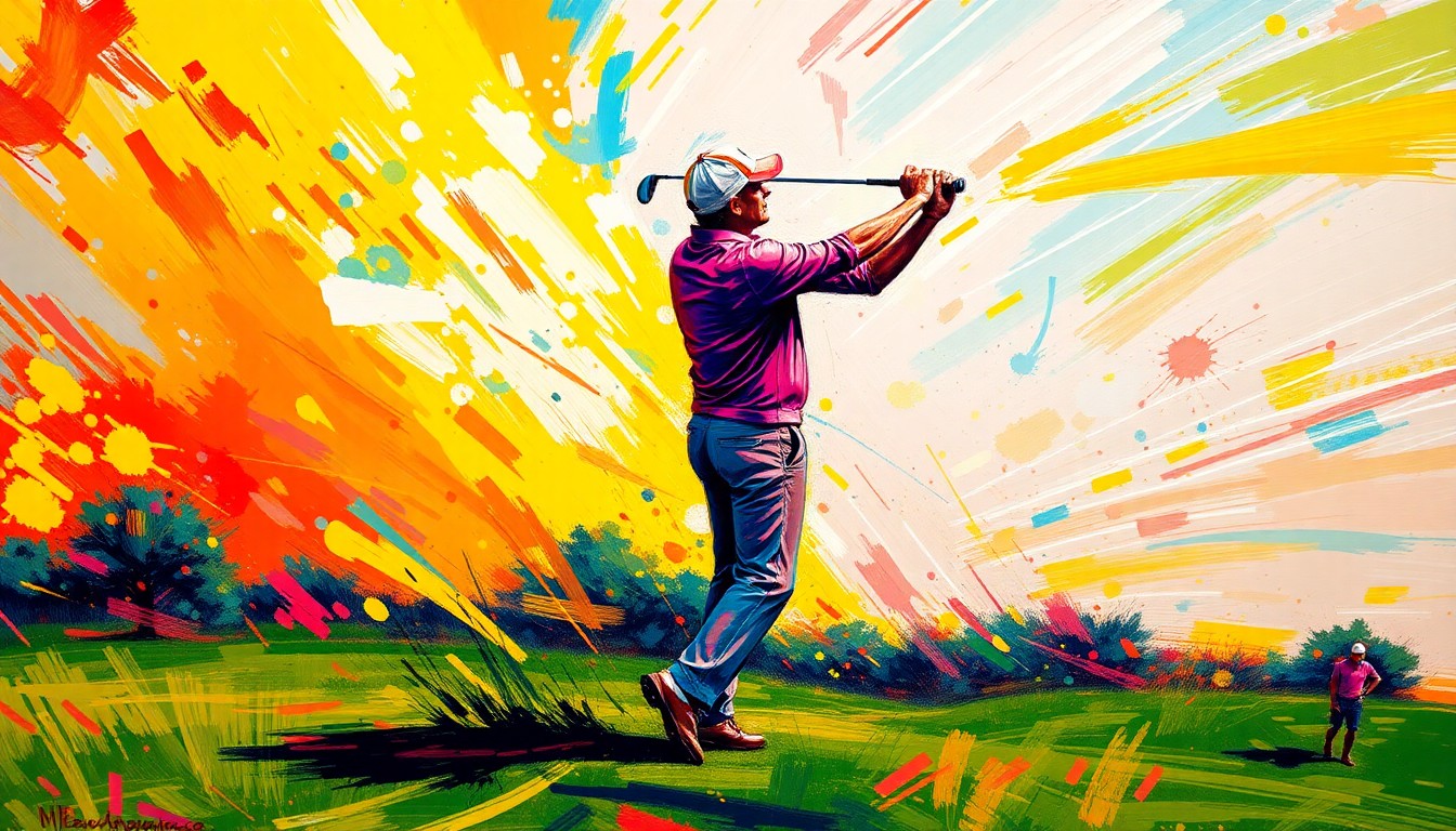 An abstract, expressionist painting depicting the dynamic motion and energy of a golfer swinging a club on a windy day, with vibrant brushstrokes and neon colors capturing the intensity of the moment.