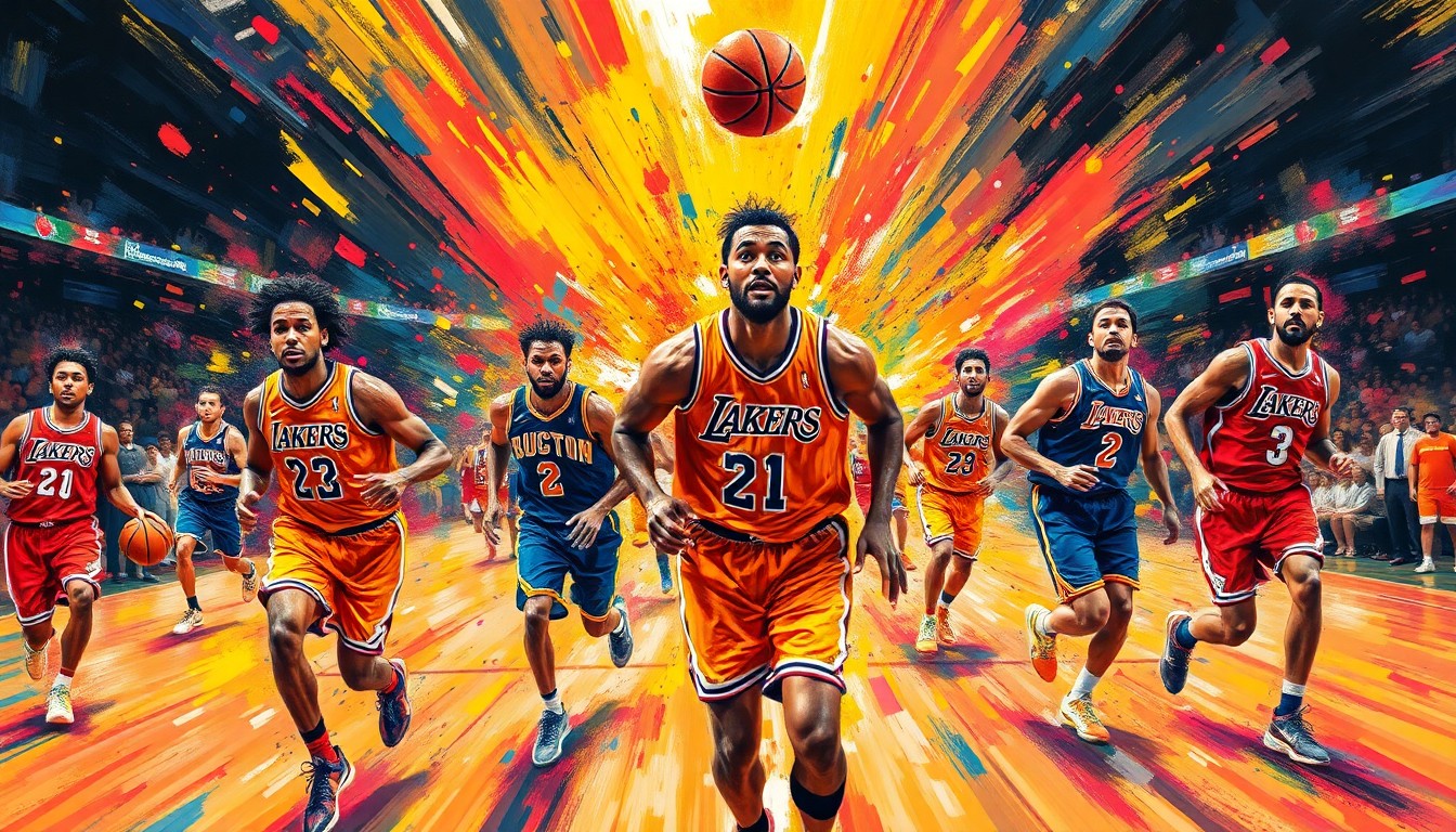 An abstract, expressionist painting featuring vibrant, neon-colored brushstrokes that capture the dynamic movement and energy of basketball players, with their faces and jerseys blending into a colorful, abstract composition.
