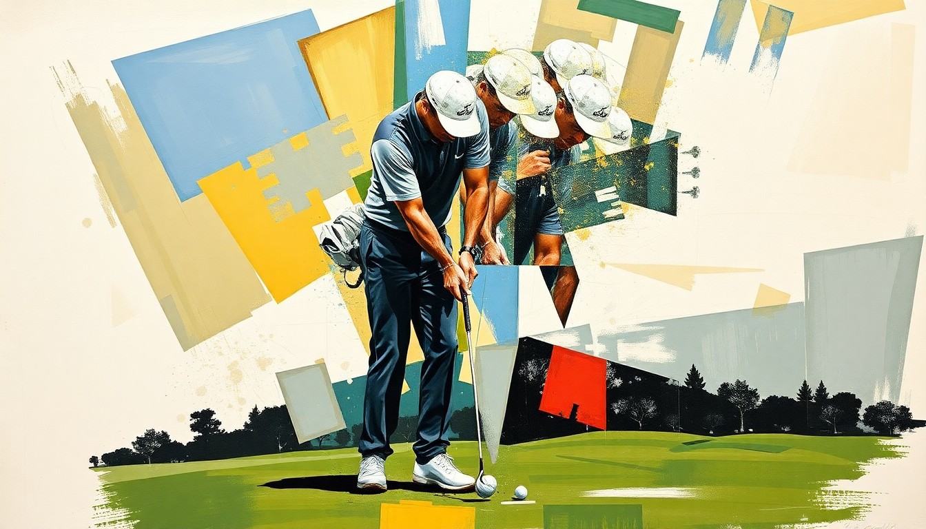 A cubist, geometric painting depicting a golfer's swing or putting motion broken down into sharp, overlapping planes, conveying the tension and energy of the moment through the artistic style.