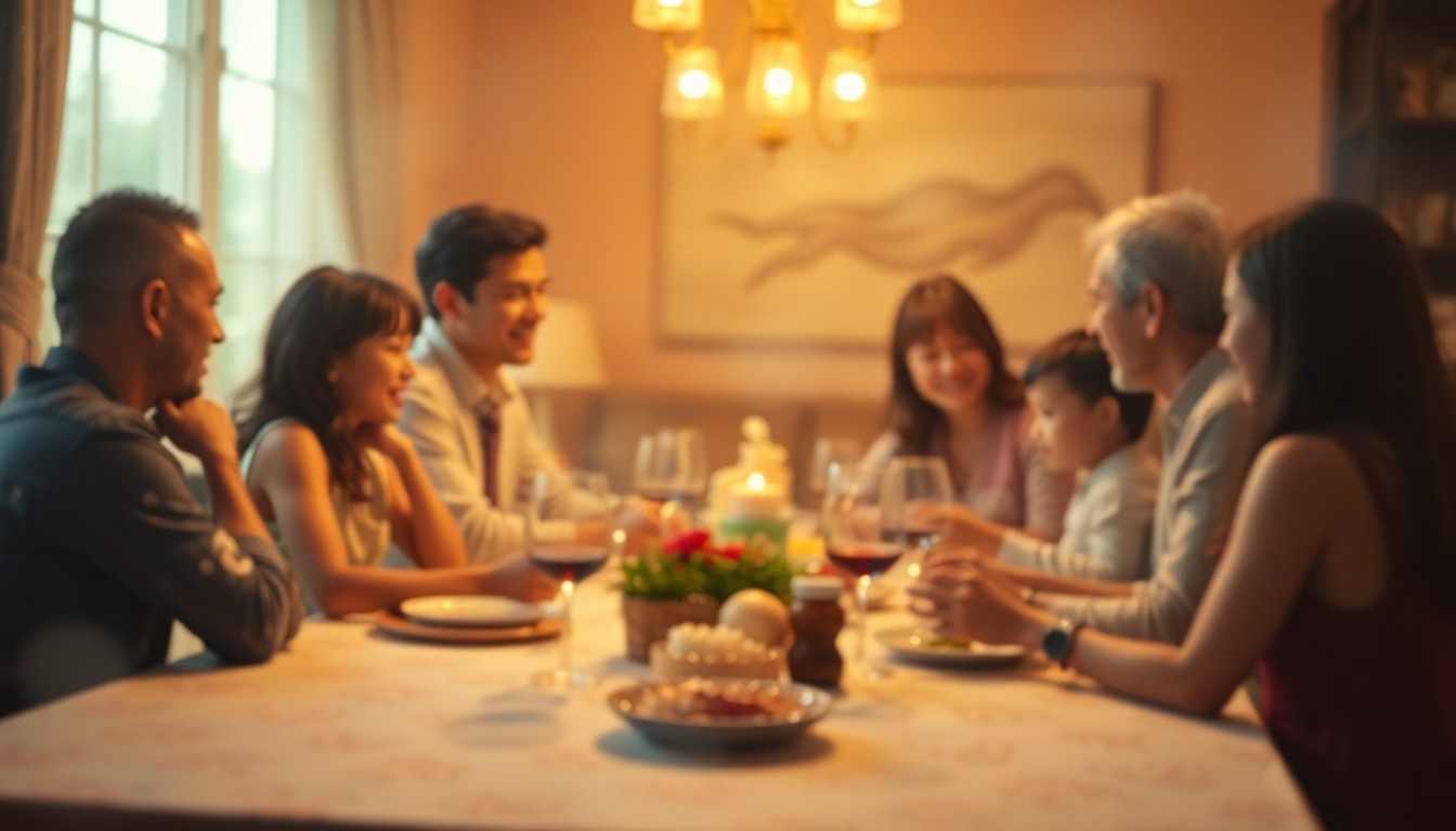 An abstract, impressionistic photograph depicting a family gathered around a table, their faces and forms blurred into soft, colorful shapes and pools of light, conveying a sense of warmth, intimacy, and shared experience.