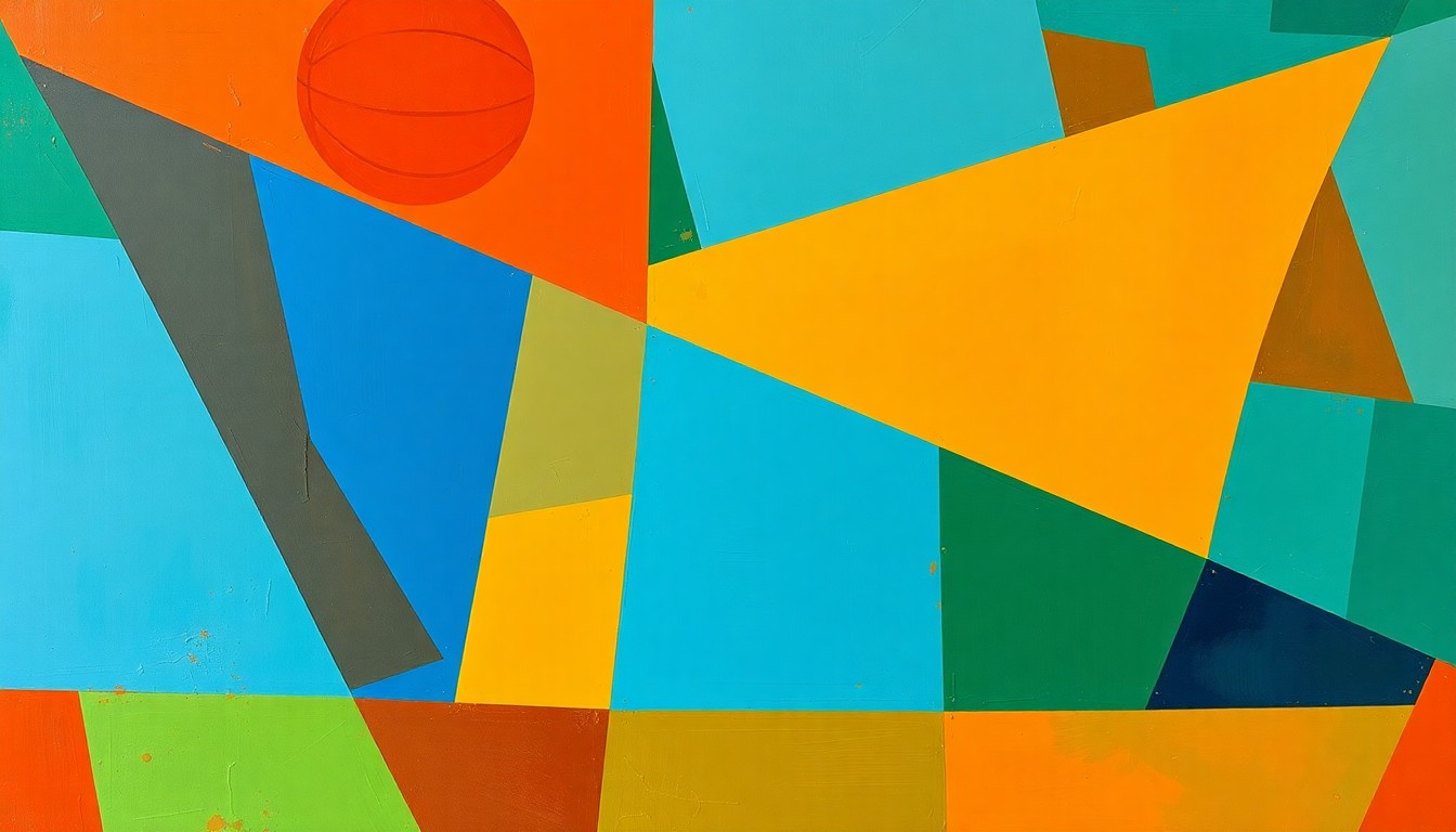 A cubist, geometric painting depicting a WNBA basketball game or match, with sharp, overlapping planes of color representing the dynamic action on the court.