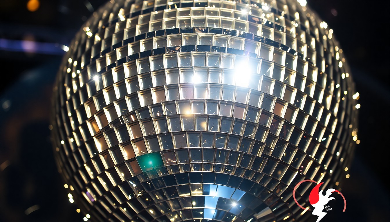 An abstract close-up photograph of a glittering disco ball reflecting shards of light, capturing the glamorous and high-energy atmosphere of Sabrina Carpenter's Coachella performance.
