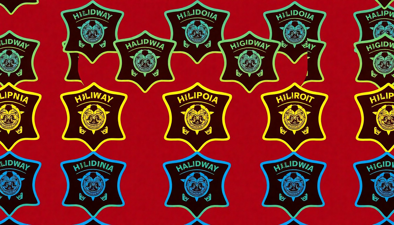 A brightly colored, high-contrast silkscreen print of a California Highway Patrol badge repeated in a tight grid pattern, capturing the iconic symbol of law enforcement through a modern pop art lens.