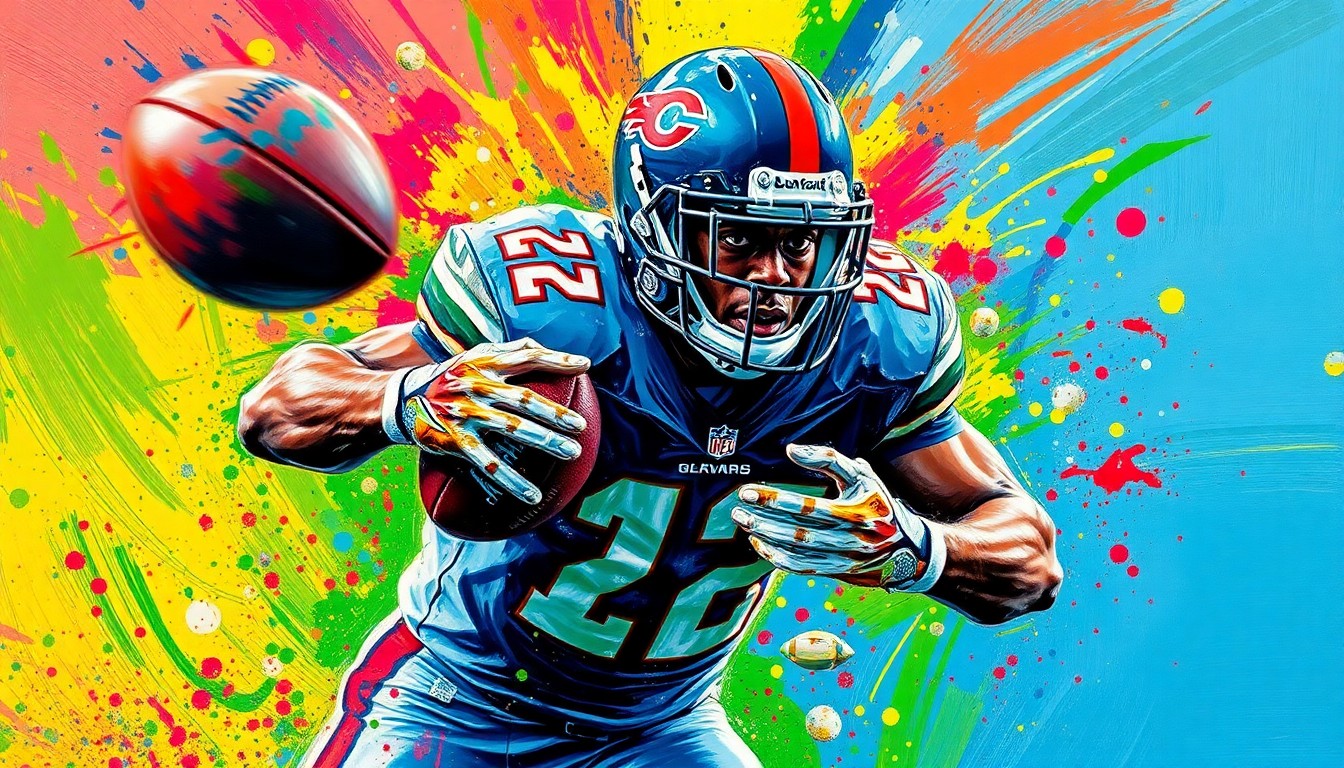 An abstract, expressionist painting in vibrant neon colors, capturing the explosive energy and fluid movements of a cornerback in action, with the player's features and uniform details blending into a dynamic, abstract composition.