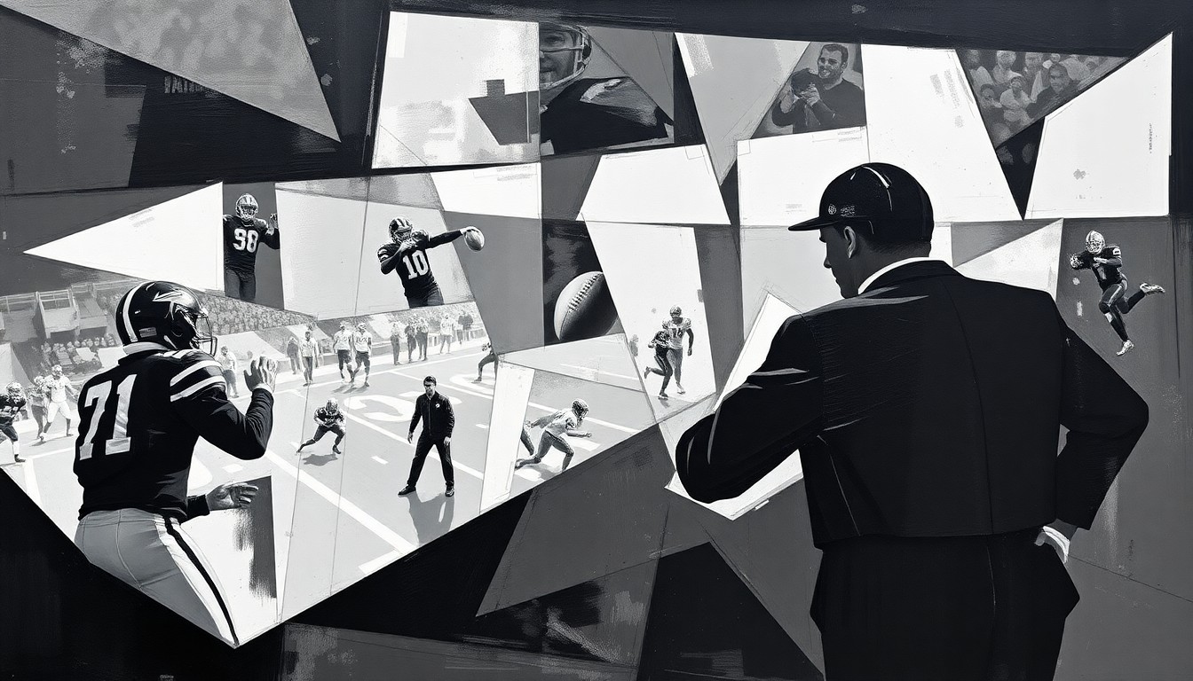 A fragmented, geometric painting depicting a football game or coaching scene, with sharp planes of black, white, and grey, representing the multifaceted nature of Tomlin's experience as a Black coach in the predominantly white world of the NFL.