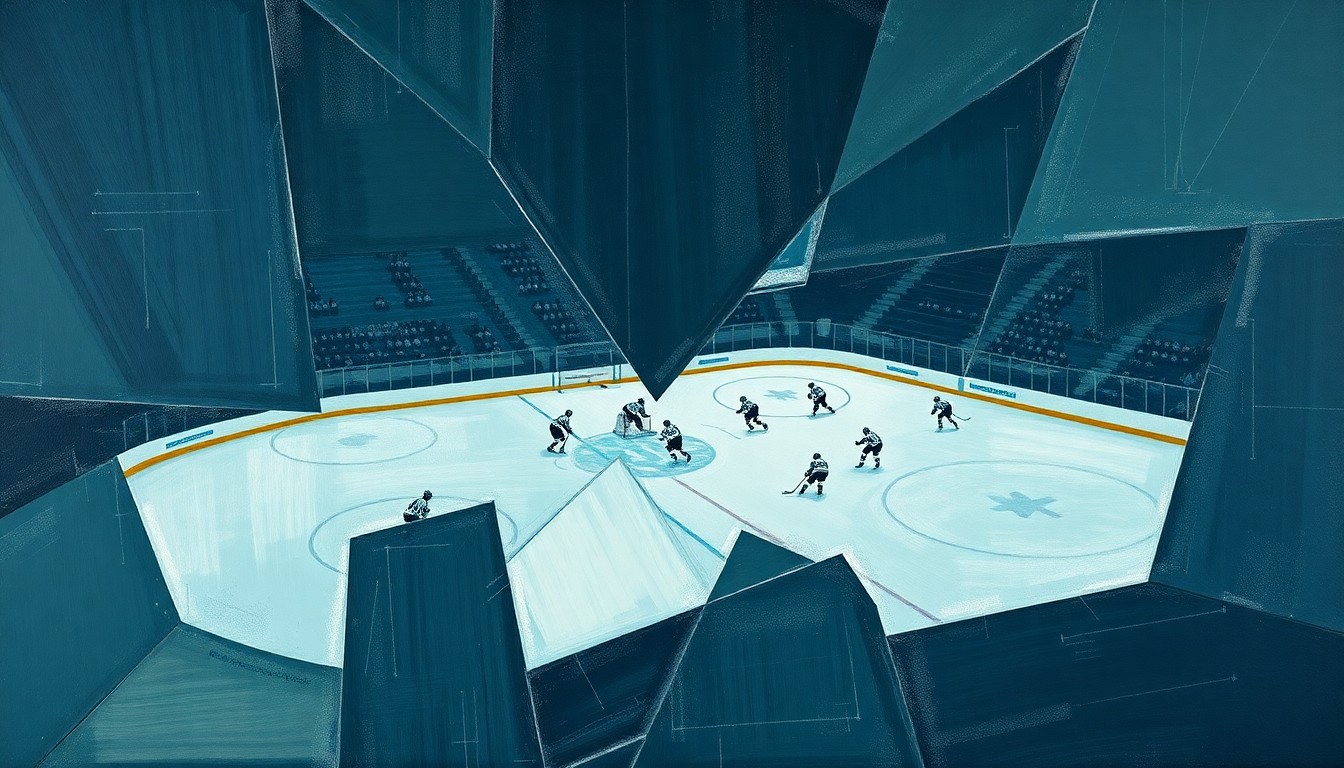A fractured, geometric painting depicting a hockey game or match, with sharp planes of muted blue, green, and gray colors overlapping to create a dynamic, multi-perspective scene.