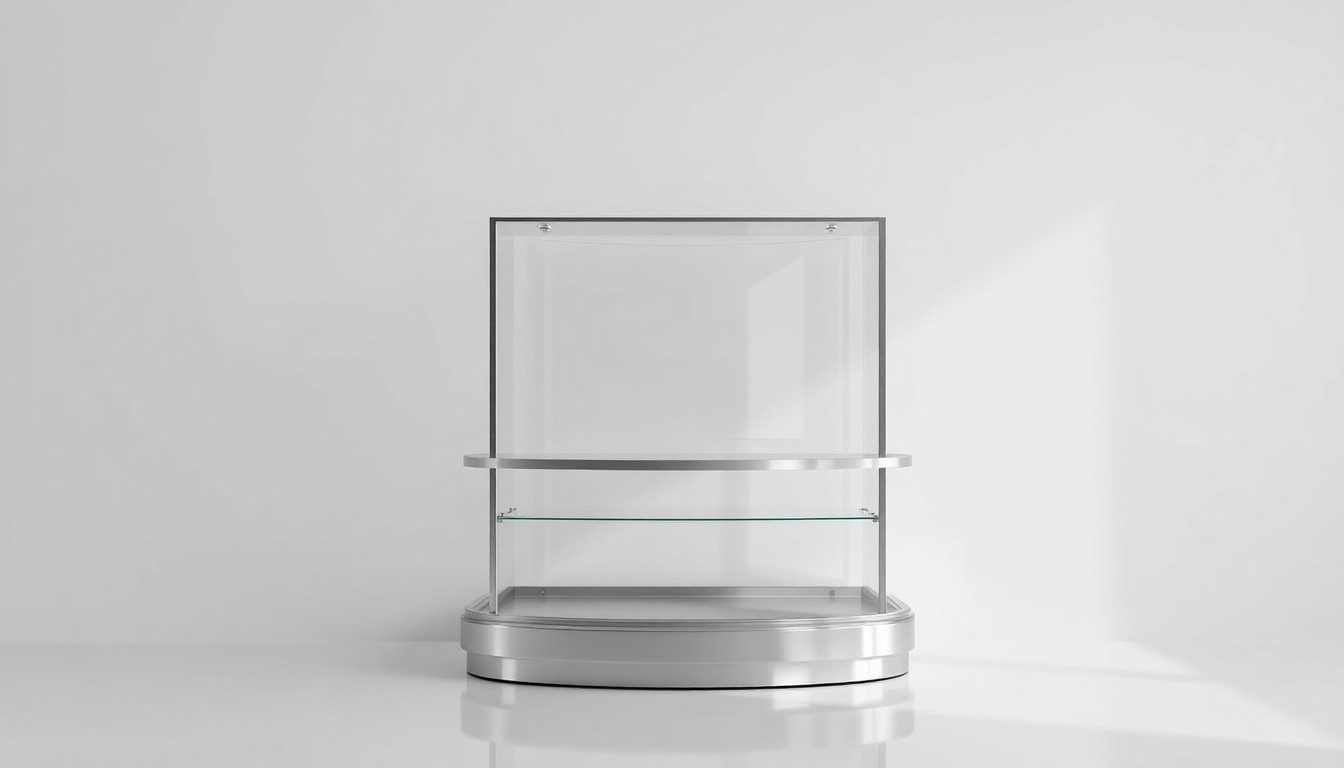 A minimalist, high-contrast studio photograph featuring a sleek, geometric retail display fixture against a plain, white background, symbolizing the changing nature of the retail industry.
