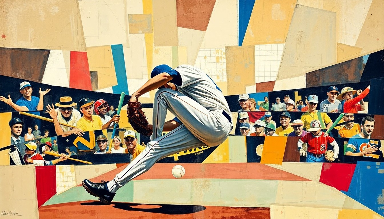 A cubist-style painting depicting a baseball pitcher's motion and the 1968 World Series in an abstract, geometric style, with sharp, overlapping planes of color and shape.