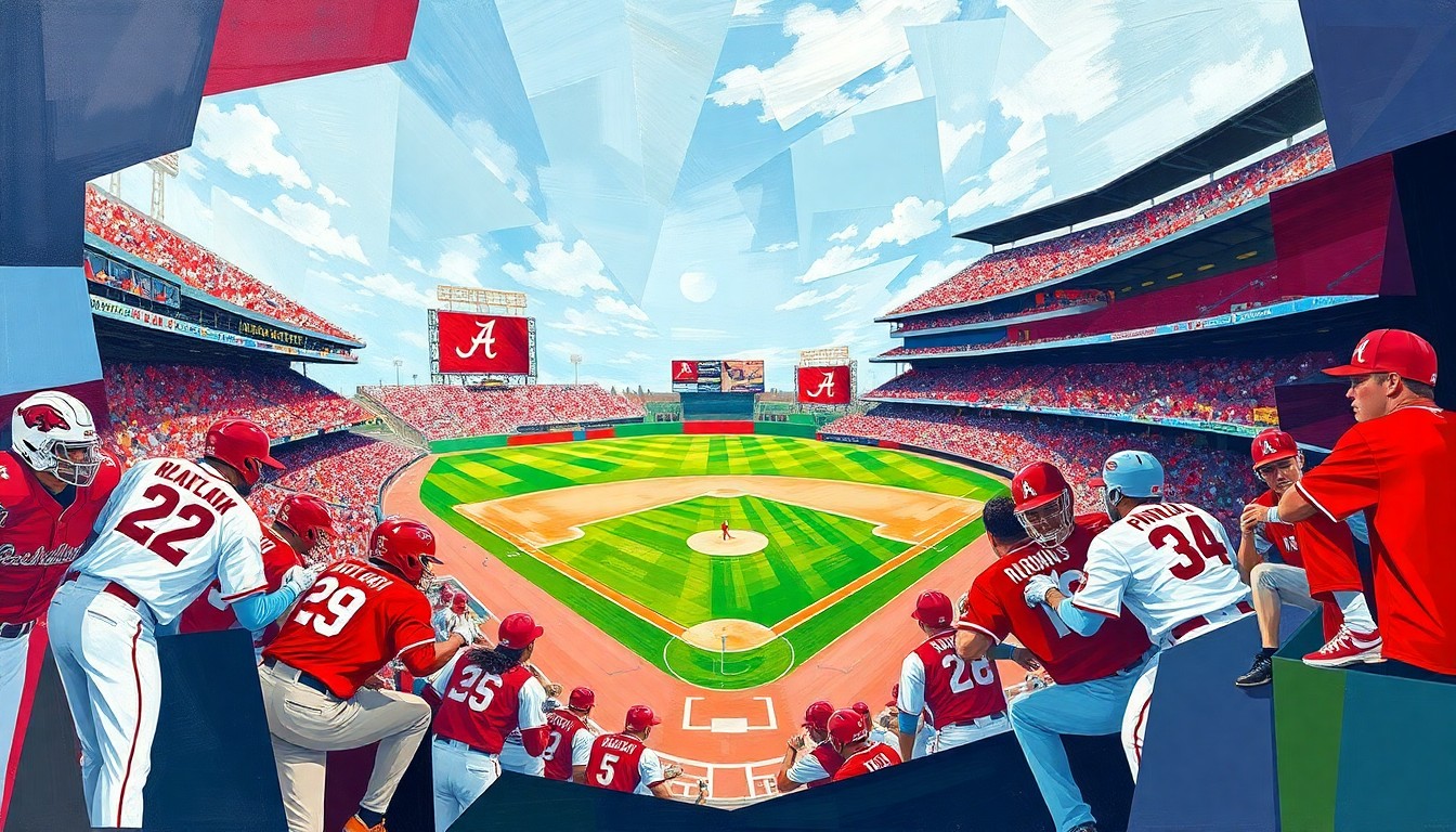 A fragmented, cubist-style painting depicting a college baseball game, with the players and field broken down into sharp, overlapping geometric shapes and planes in the colors of the Arkansas Razorbacks and Alabama Crimson Tide uniforms.