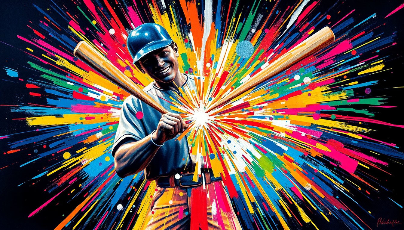 An abstract, expressionist painting in vibrant neon colors, capturing the raw energy and movement of the moment the Ichiro statue's bat broke, with the bat and tarp fabric dissolving into unrecognizable splatters of color.