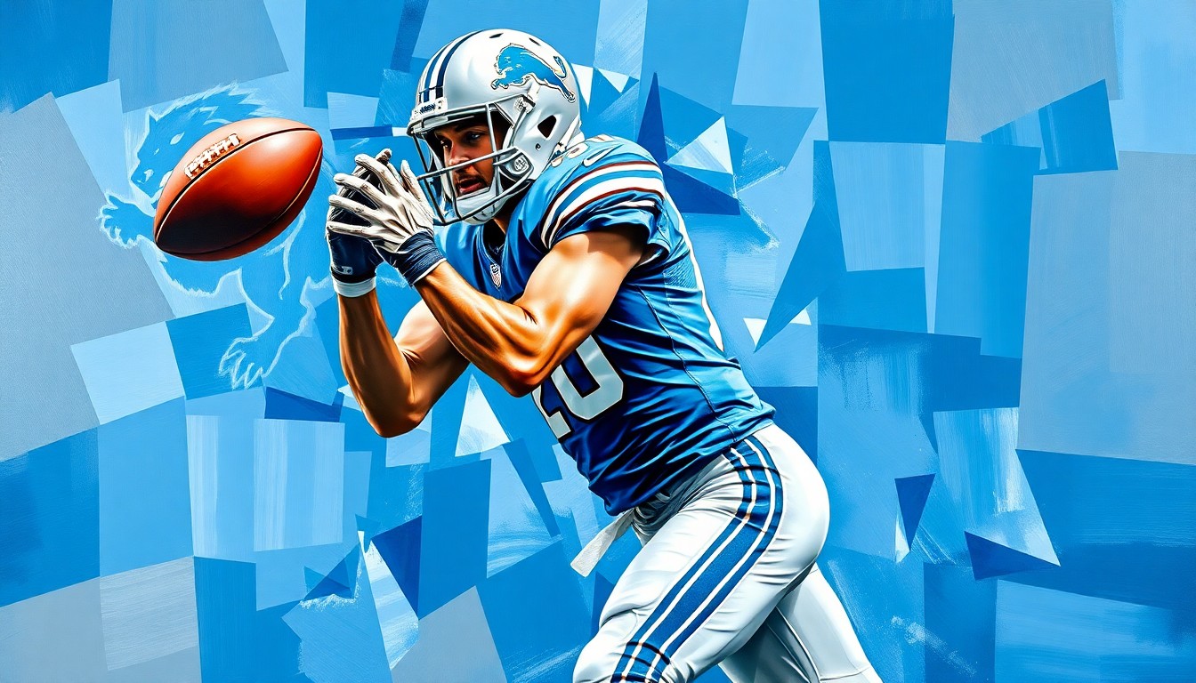 A cubist, geometric painting depicting a tight end making a catch, with sharp, overlapping planes in the colors of the Detroit Lions - Honolulu Blue and Silver - capturing the dynamic athleticism of the position.