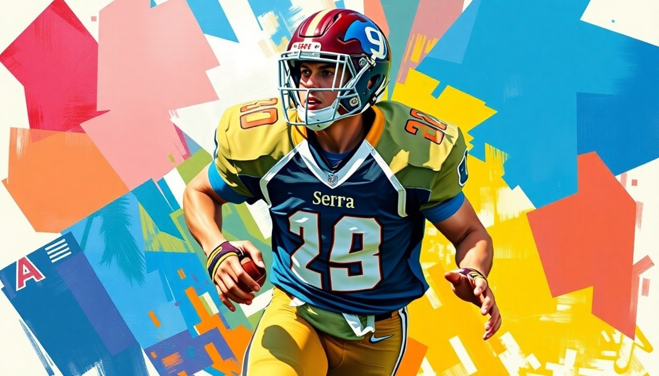 A fractured, geometric painting in vibrant colors representing the dynamic movements of a high school football player, conveying the energy and potential of an emerging talent.