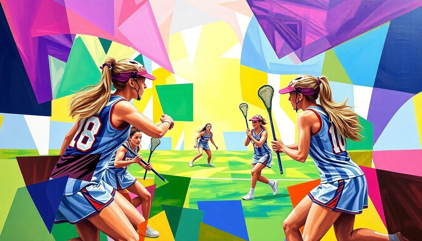 A dynamic, cubist-style painting depicting a girls lacrosse game in motion, with the players and field broken down into sharp, overlapping geometric shapes and planes in the team's colors.