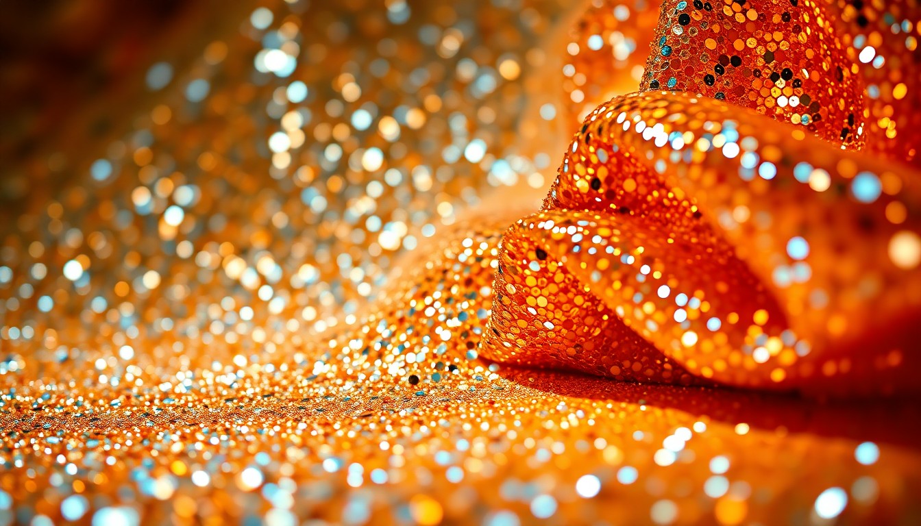 An extreme close-up photograph of shimmering, glittering sequins and textured fabrics, captured in dramatic studio lighting to create a high-fashion, glamorous aesthetic that evokes the energy and style of Maison Kitsuné's latest runway collection.