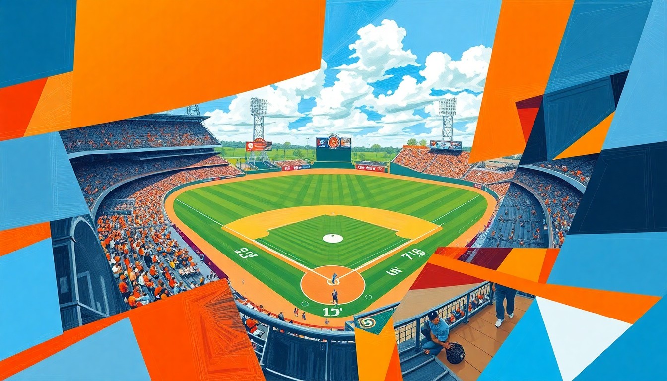 A cubist, geometric painting depicting a college baseball game, with sharp, overlapping planes of Clemson orange and UNC light blue, conveying the intensity and drama of the matchup.