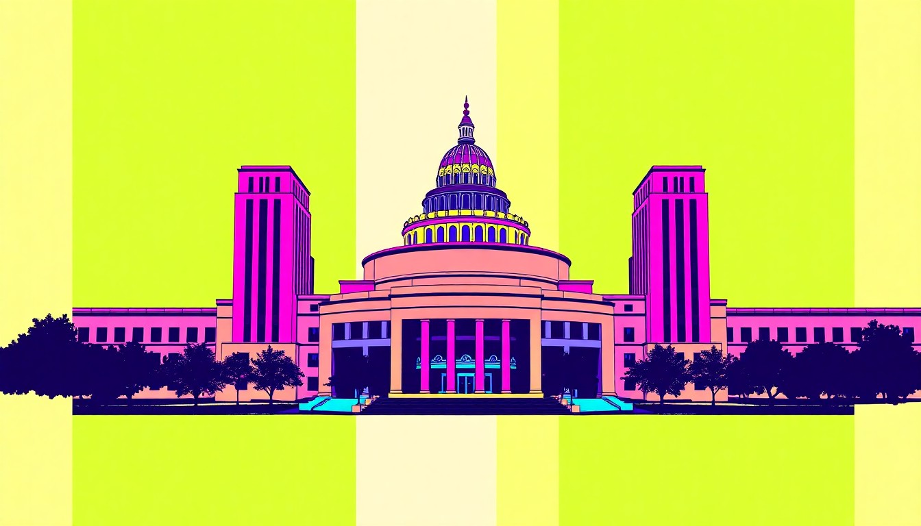 A brightly colored, high-contrast silkscreen print of the iconic Atlanta Civic Center building, repeated in a tight grid pattern, conceptually representing the revitalization of the historic landmark.