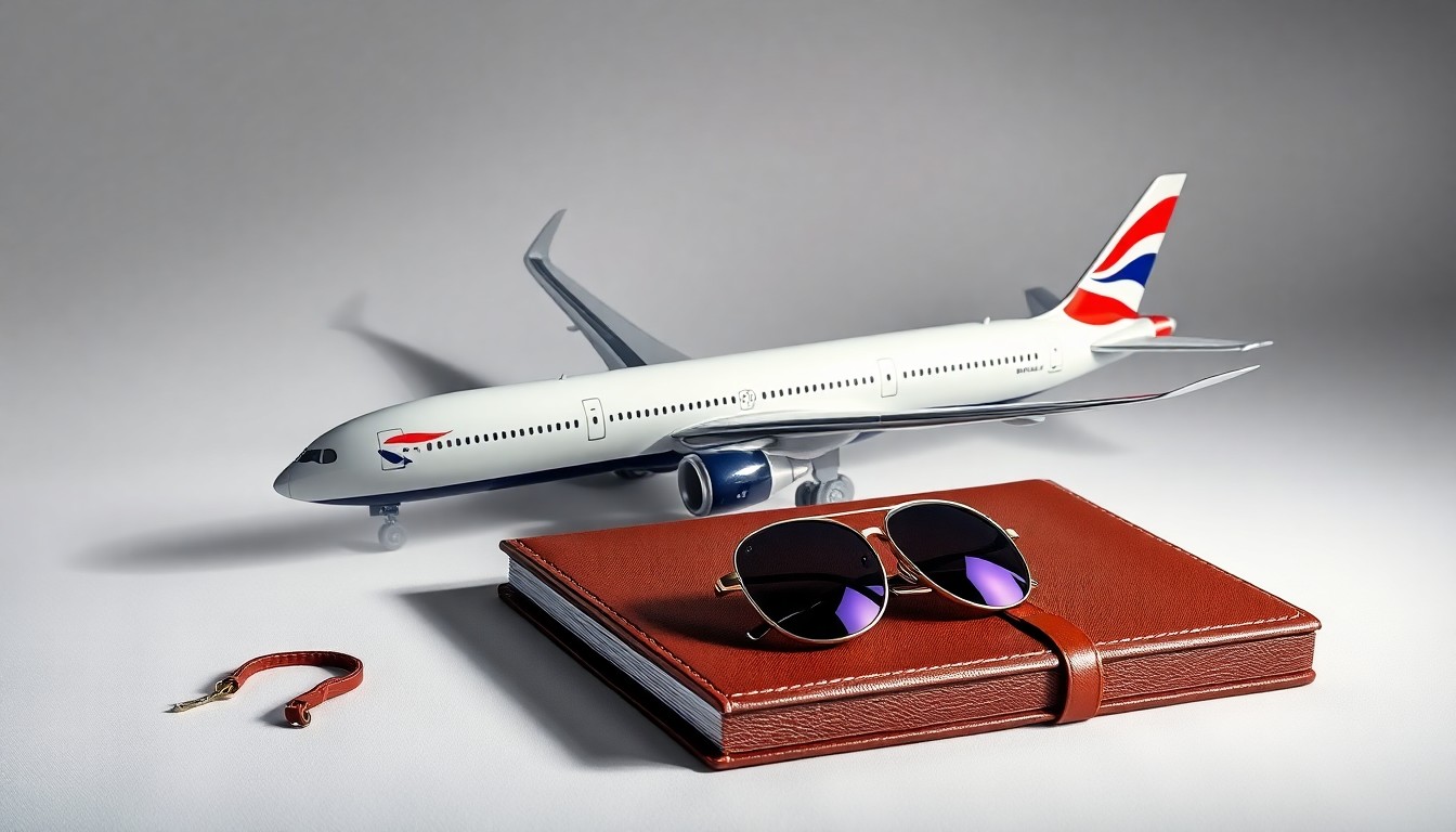 A photorealistic studio still life featuring a sleek metal model of a British Airways 787-10 aircraft, a premium leather-bound logbook, and a pair of aviator sunglasses, all arranged elegantly on a clean, monochromatic background with dramatic lighting and shadows.