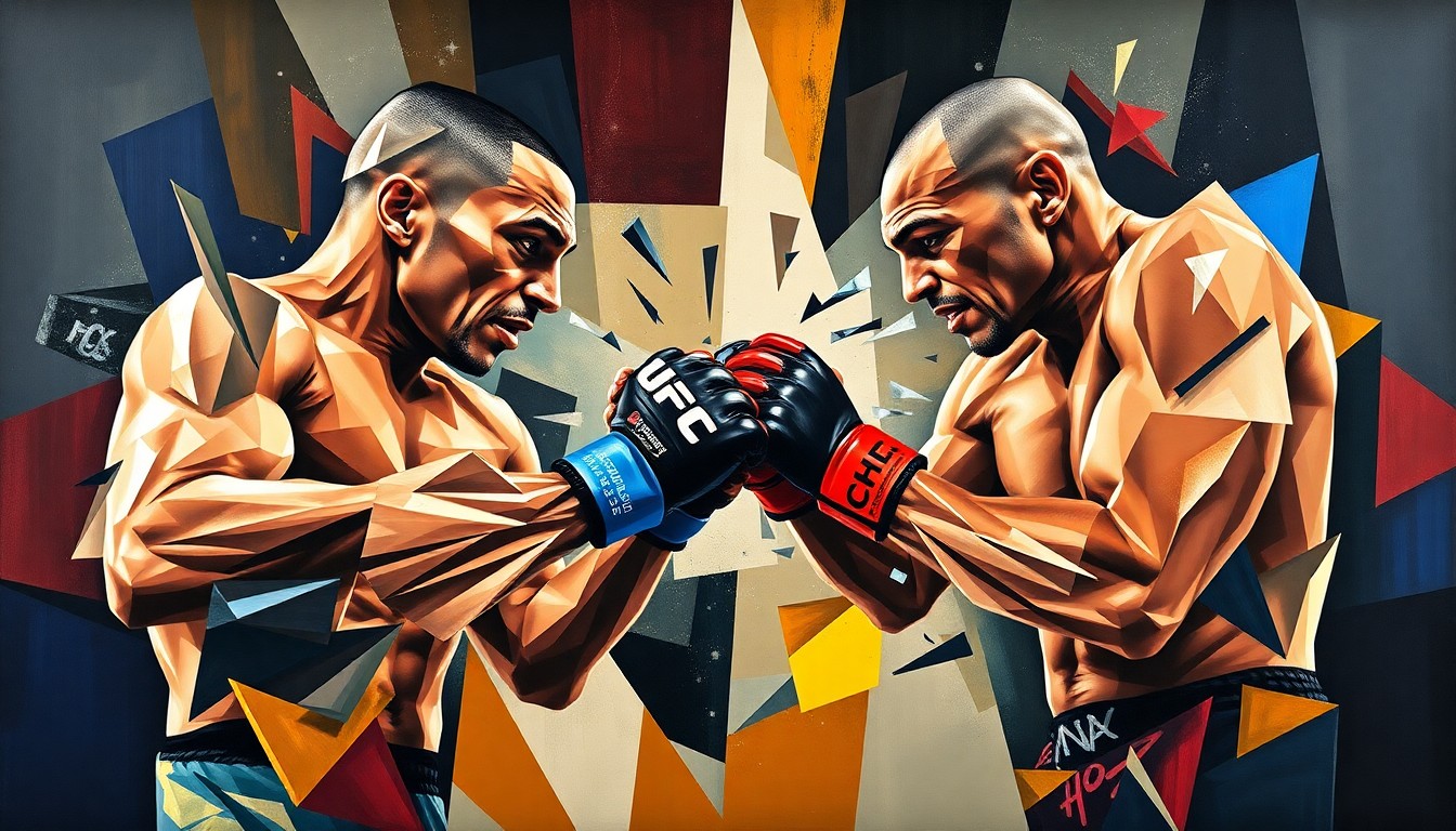 A fragmented, geometric painting depicting the intense action and drama of a mixed martial arts fight, with the combatants' forms broken down into sharp, overlapping planes of color and shape.