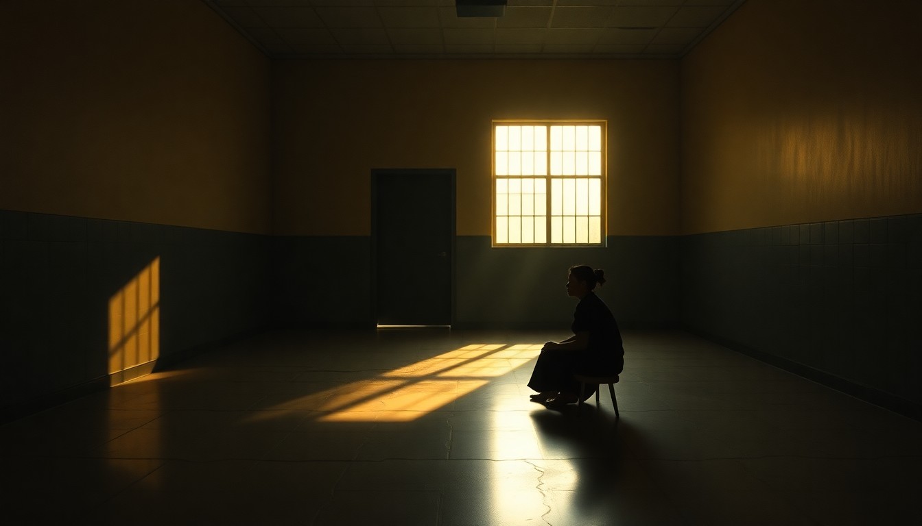 A cinematic painting of a solitary migrant mother sitting alone in a sparse, dimly lit detention center room, the warm light and deep shadows creating a melancholic, contemplative mood.