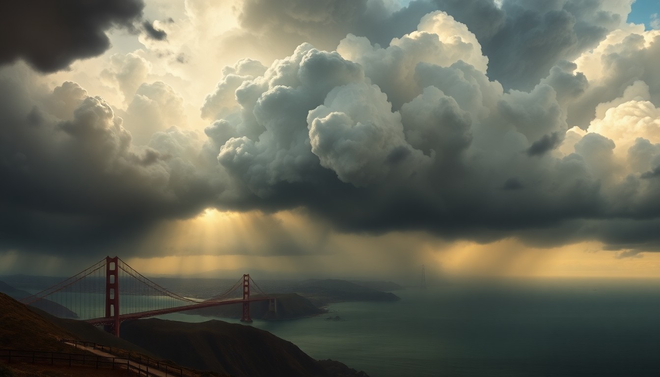 A sweeping, atmospheric landscape painting depicting a dramatic thunderstorm moving across the San Francisco Bay Area, with the Golden Gate Bridge and other landmarks dwarfed by the towering, turbulent clouds.