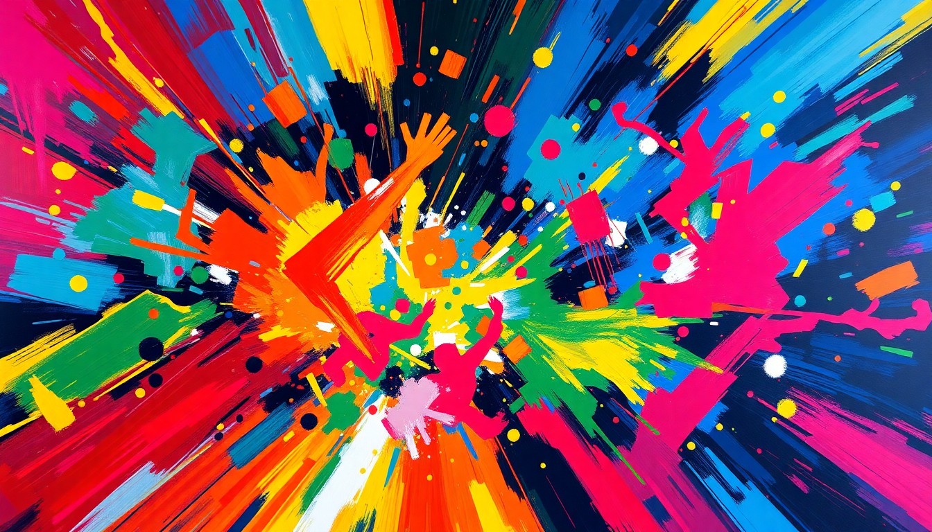 An abstract, expressionist painting in vibrant neon colors, capturing the energy and emotion of sports betting through dynamic brushstrokes and dissolving shapes.