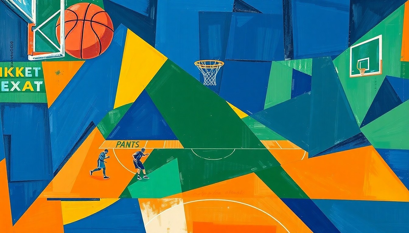 A fragmented, cubist-style painting depicting a basketball game, with the court and players broken down into sharp, overlapping geometric shapes in a palette of navy, green, and orange, conveying the tension and excitement of the NBA Draft Lottery.