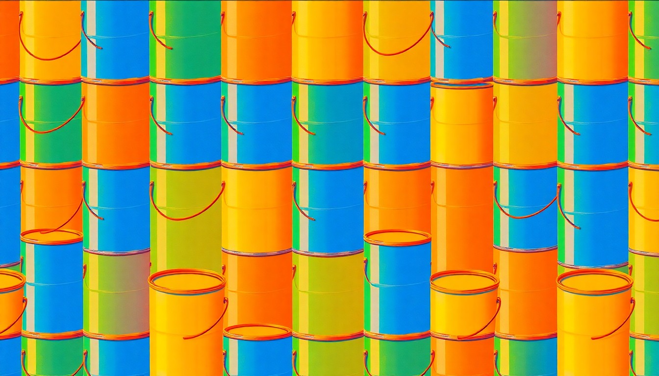 A bold, abstract grid of neon-colored paint cans, conceptually representing the community revitalization efforts funded by the Paint Iowa Beautiful grants.