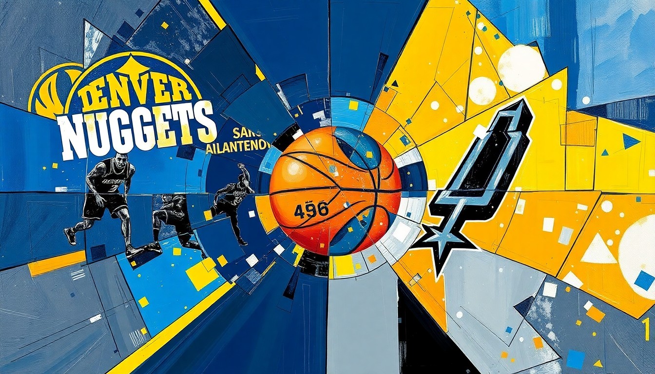 An abstract, cubist-style painting depicting a basketball game between the Denver Nuggets and San Antonio Spurs, with the players and court broken down into sharp, overlapping geometric shapes and planes of vibrant blue, gold, black, and silver colors.