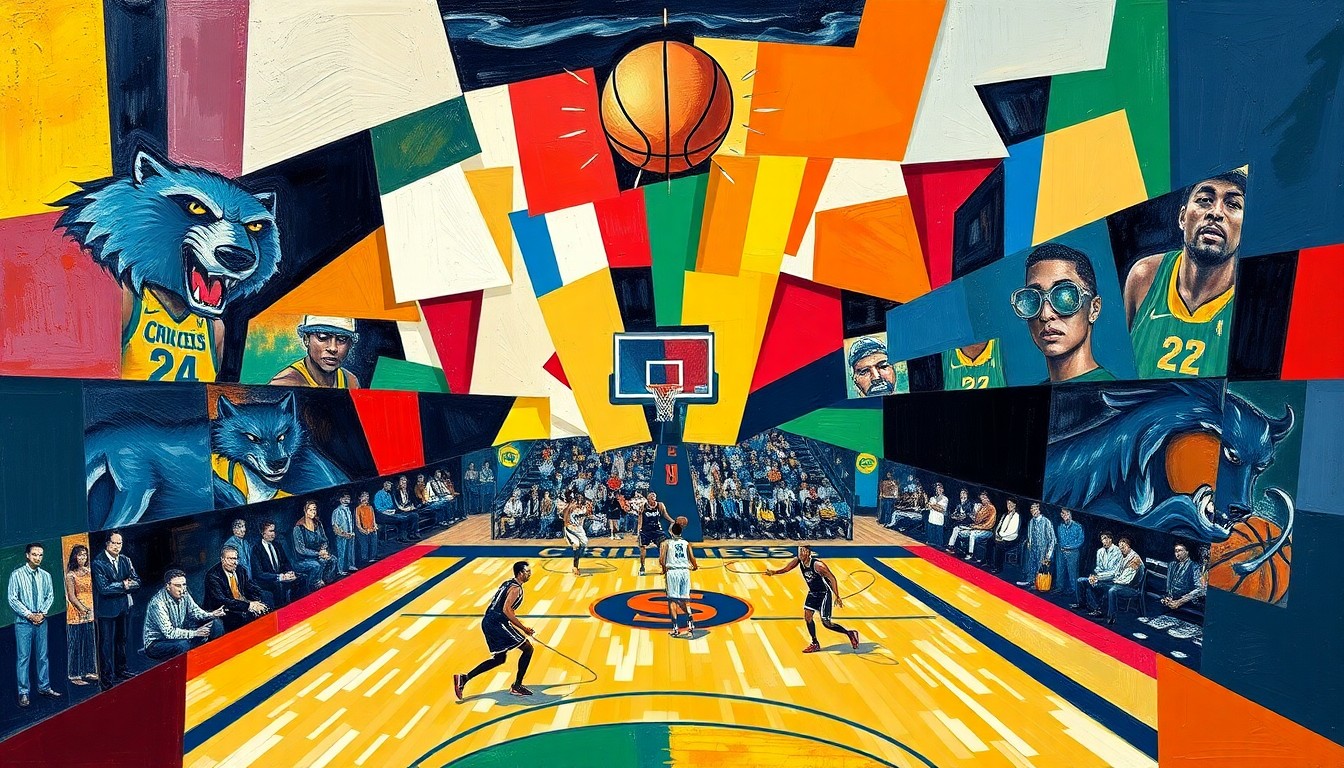 A fragmented, cubist-style painting depicting a basketball game in progress, with the players and court broken down into sharp, overlapping geometric shapes and planes in the official team colors of the Grizzlies and Jazz.