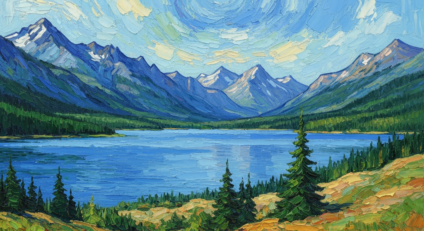 A textured oil painting in the style of Vincent Van Gogh, depicting the serene, blue waters of Redfish Lake surrounded by the majestic Sawtooth Mountains. Vibrant brushstrokes of azure, emerald, and ochre evoke the natural beauty and tranquility of this alpine landscape.