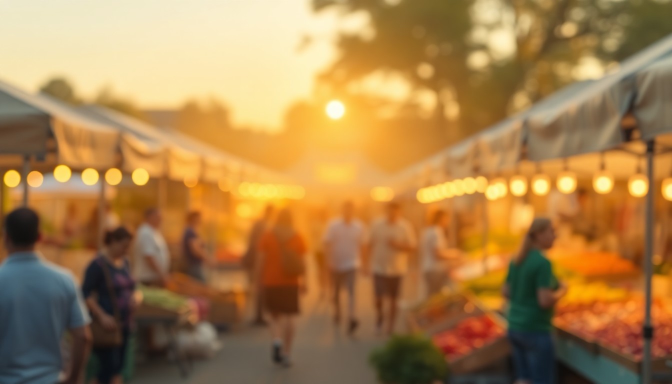 An abstract, impressionistic photograph of a lively farmers market, with soft, blurred shapes of produce, people, and tents bathed in a warm, golden light, conveying the vibrant energy and community spirit of the event.