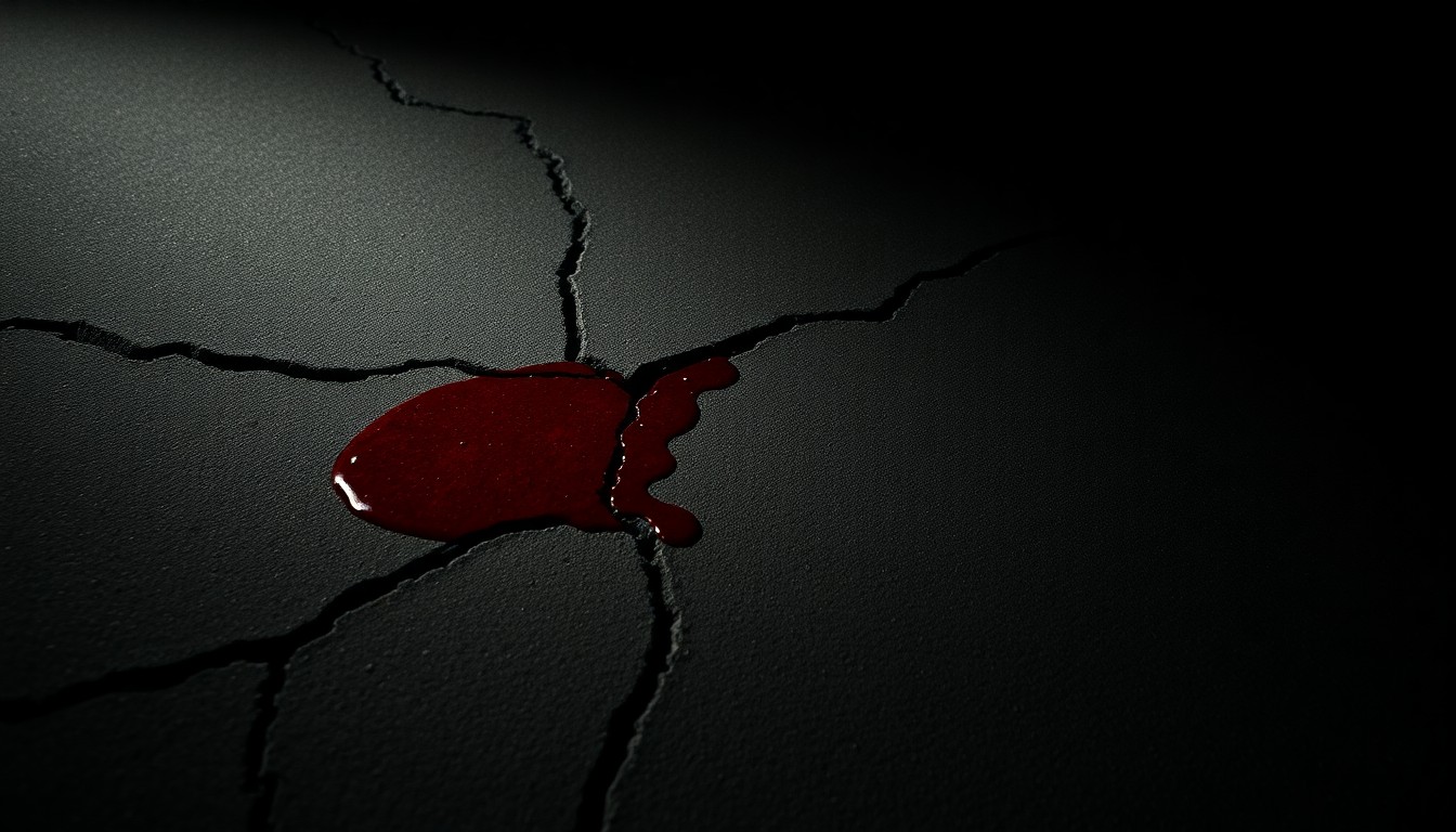 An extreme close-up photograph of a cracked sidewalk with a faint pool of blood, creating a stark, gritty, investigative aesthetic.