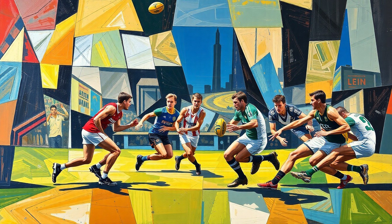 A fragmented, cubist-style painting depicting an Australian rules football match, with the players' movements and the game's intensity expressed through sharp, overlapping geometric planes in a vibrant color palette.