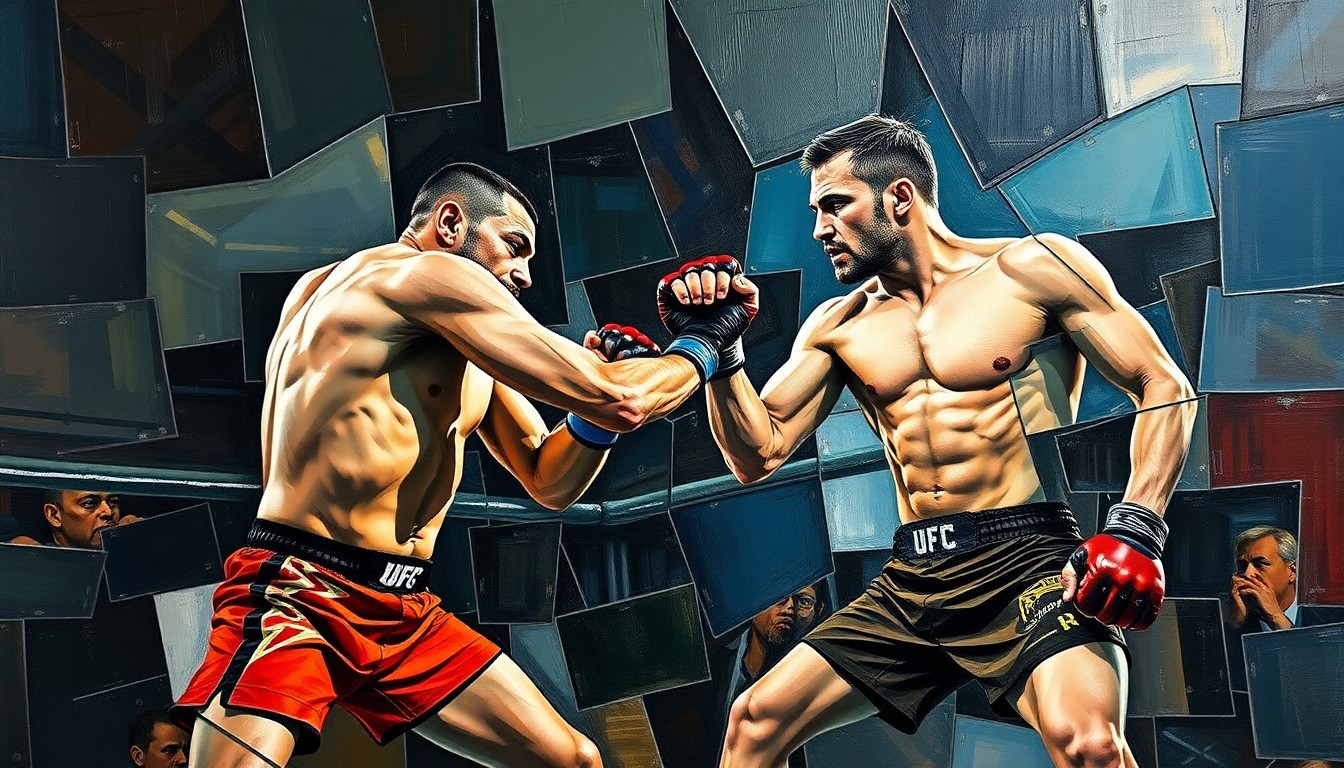 A fragmented, geometric painting depicting a mixed martial arts fight, with the figures of the two fighters broken down into sharp, overlapping planes of color and form, conveying the intensity and unpredictability of the match.