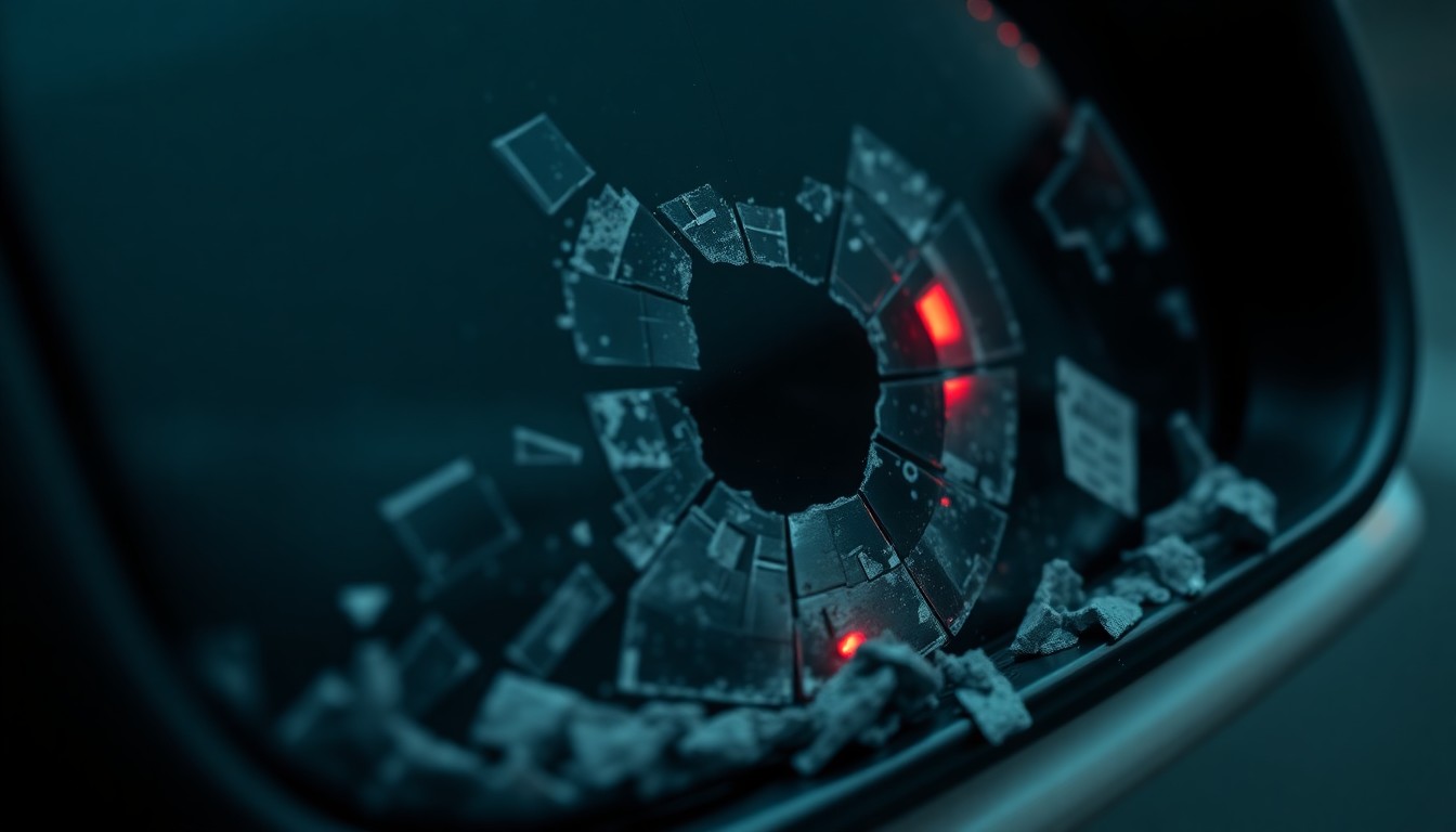 An extreme close-up photograph of a shattered car side mirror lens, reflecting a faint red light, conceptually illustrating the aftermath of a hit-and-run incident in a gritty, investigative style.