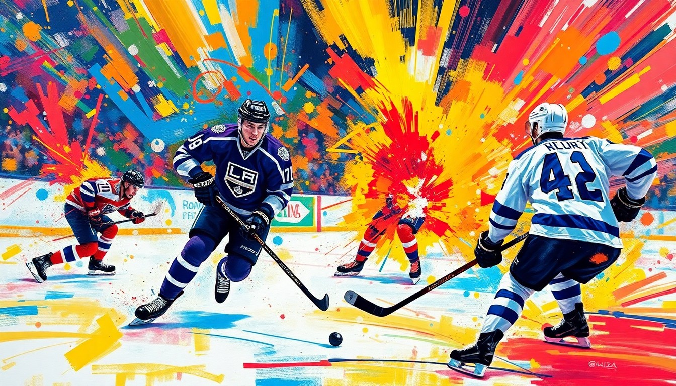 An abstract, expressionist painting in neon colors depicting the intense action and energy of an overtime hockey game, with players' forms and the puck blending into a vibrant, dynamic composition.