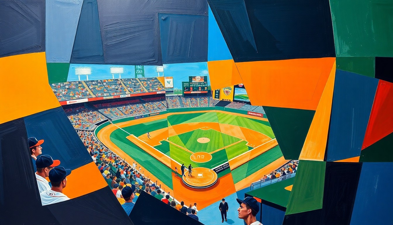 A fragmented, geometric painting in bold colors depicting a baseball player in motion, with the figure broken down into sharp, overlapping planes to conceptually represent the complex positional decision facing the Pirates.