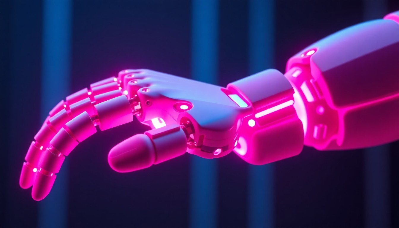 A highly detailed, glowing 3D illustration of a robotic arm with a gripper hand, illuminated by vibrant neon cyan and magenta lights, representing the advanced capabilities of the SPEAR-1 open-source robot brain.