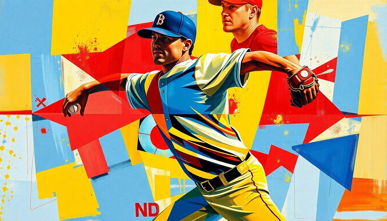 A fragmented, geometric painting depicting a baseball pitcher's windup and release, with sharp planes of color and overlapping forms conveying the dynamism of the sport.