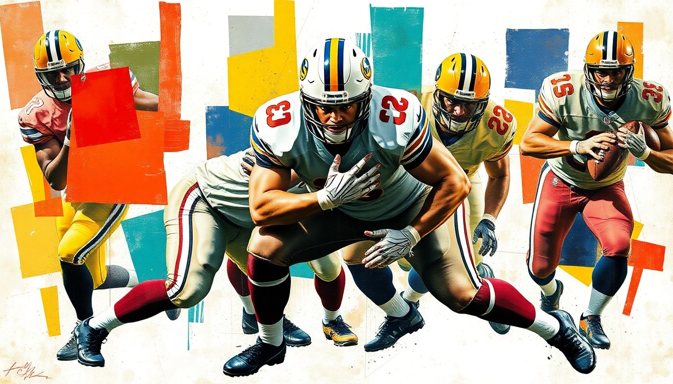 A cubist-style painting depicting an offensive lineman's blocking motion broken down into sharp, overlapping geometric shapes in muted tones of blue, gray, and brown, conveying the disruption caused by McGary's sudden retirement.