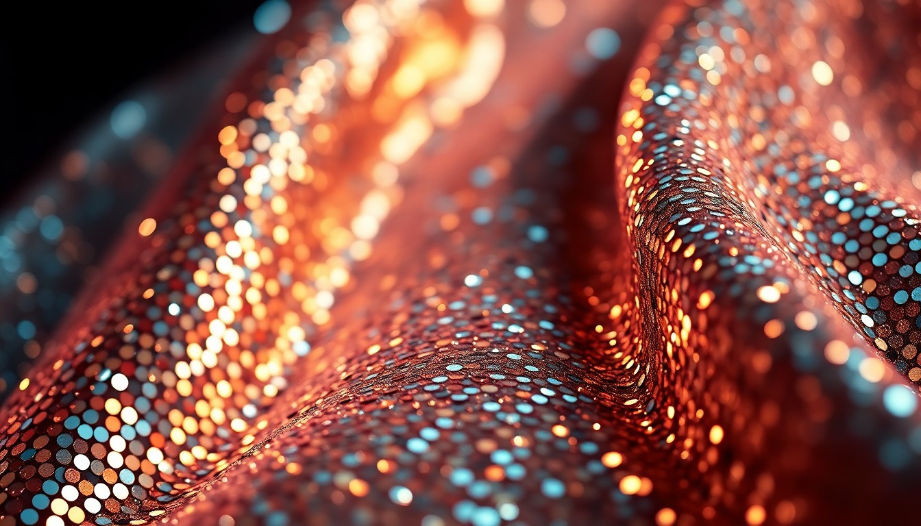 An extreme close-up of shimmering, glittering sequins in a dramatic, high-contrast studio lighting setup, conceptually representing the glamour and high-stakes fashion choices of a celebrity press tour.
