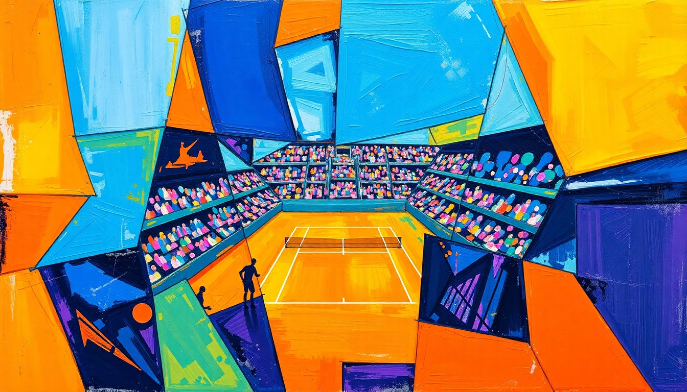 A fractured, multi-perspective painting featuring sharp, overlapping geometric planes in vibrant colors like electric blue, fiery orange, and deep purple, conceptually representing the dynamic nature of a tennis match or tournament.