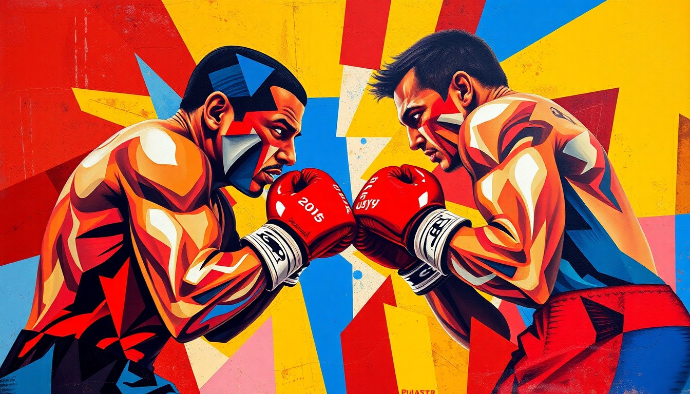 A fractured, multi-perspective painting in bold, vibrant colors depicting a boxing match between two figures, their movements and forms deconstructed into sharp, overlapping geometric planes, capturing the intensity and energy of the hypothetical fight.