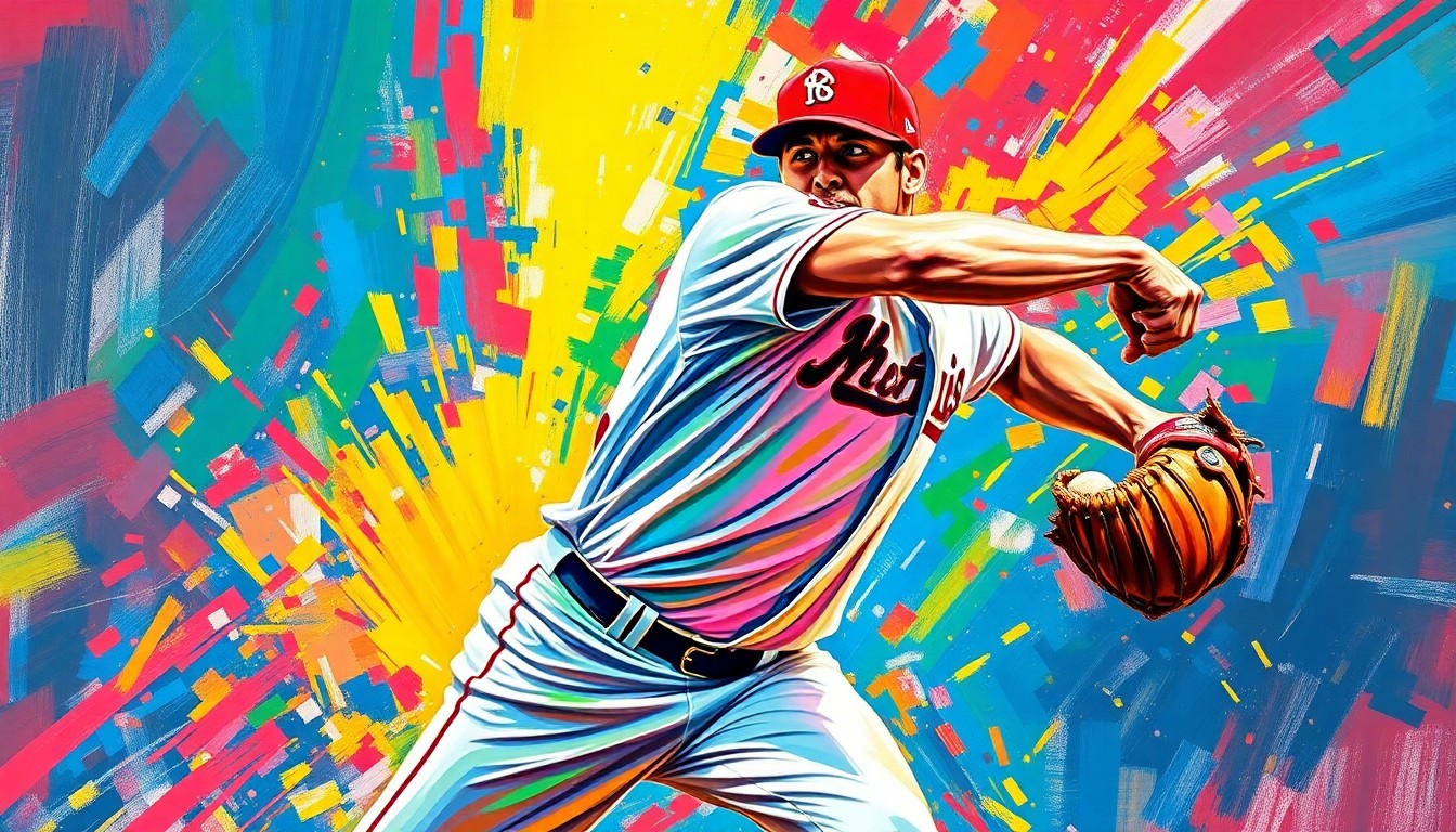 An abstract, energetic painting in vibrant neon colors depicting the explosive power and movement of a dominant baseball pitcher's pitching motion, capturing the raw athleticism and velocity of the sport.