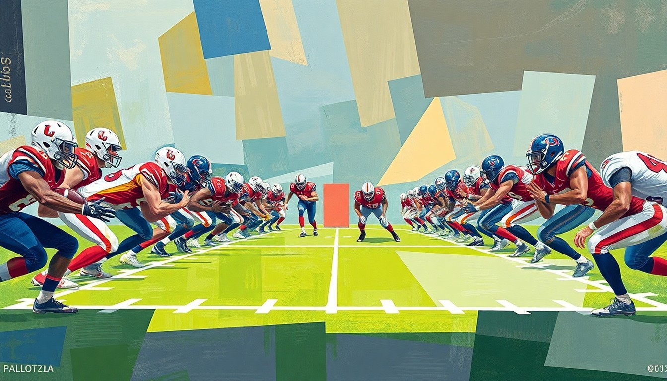 A cubist, geometric painting depicting the fractured, overlapping planes of a college football offensive line, conceptually representing the changing dynamics of player eligibility in the sport.