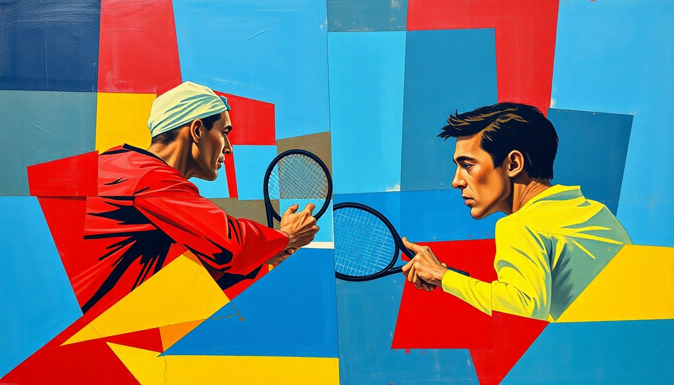 A fragmented, geometric painting depicting a tennis match or competition, with sharp, overlapping planes of color representing the dynamic and multifaceted nature of Draper's comeback story.