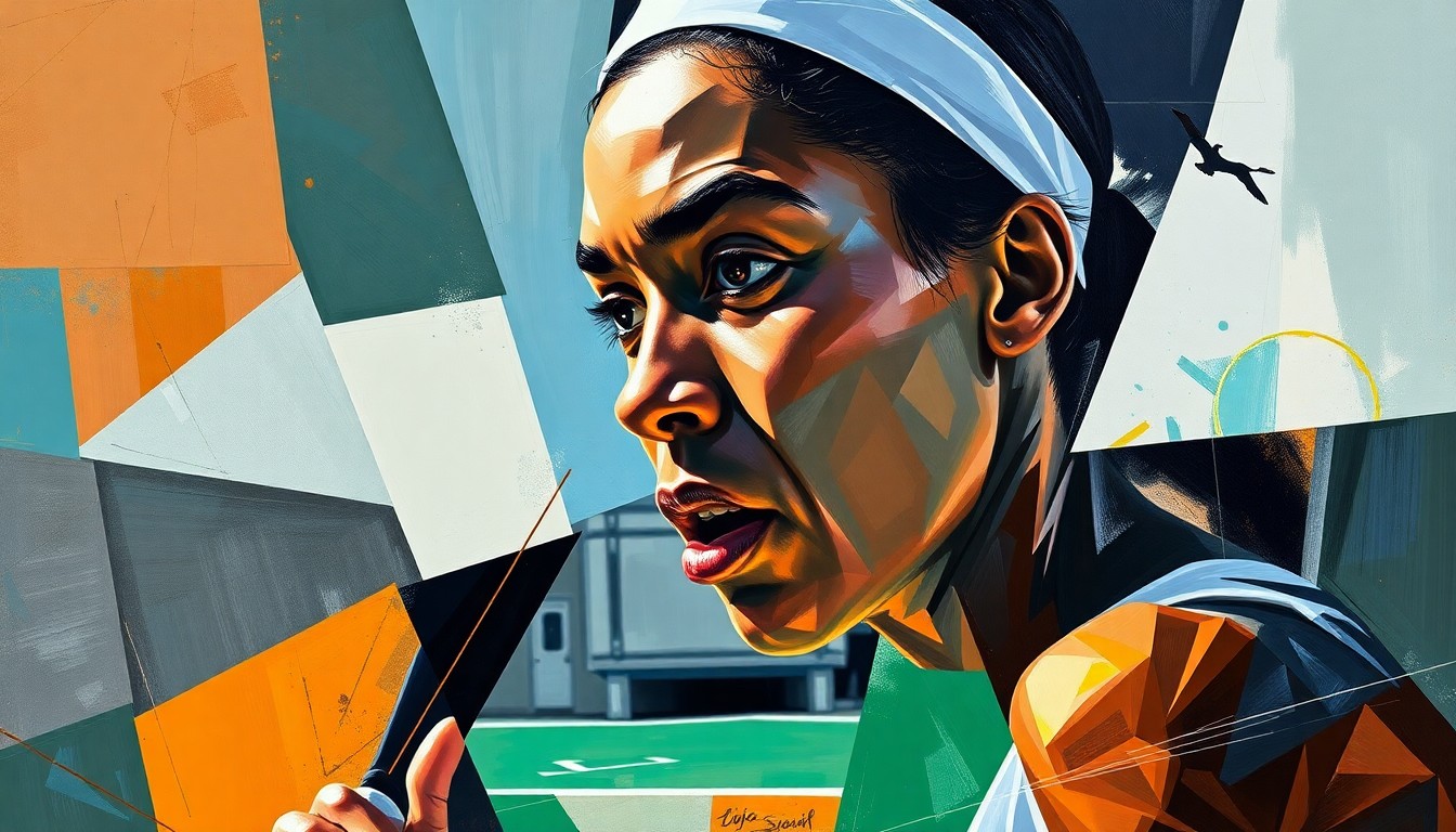A cubist, geometric painting depicting a tennis match in abstract, overlapping shapes and planes, capturing the raw energy and emotion of the sport.