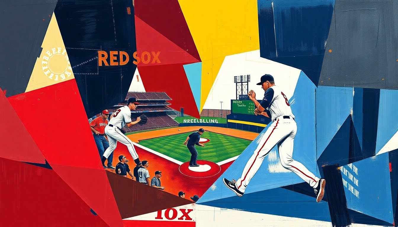 A fractured, geometric painting in shades of red, white, blue, navy, and gold, depicting overlapping planes and shapes that represent the action and energy of a Red Sox baseball game against the Brewers, conveying the team's early season struggles to regain their identity and form.