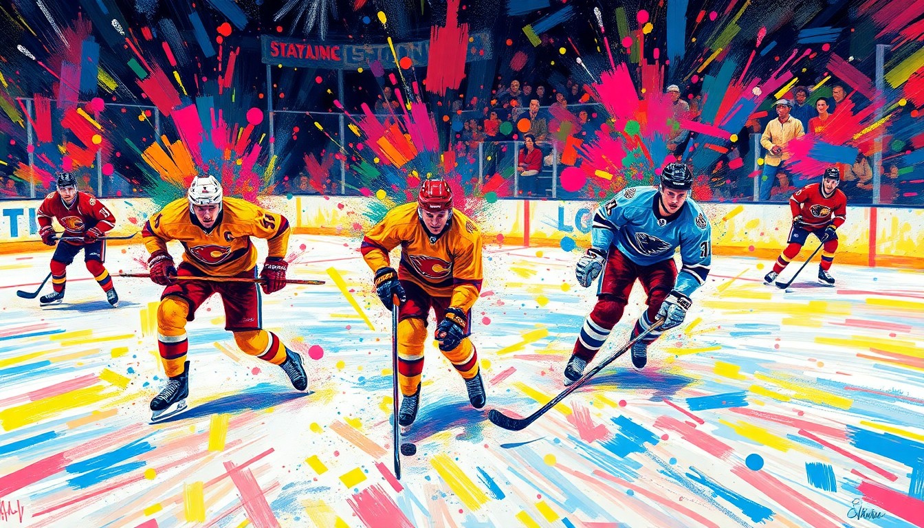 A dynamic, abstract painting in vibrant neon colors, capturing the raw power and motion of hockey players on the ice, their forms blending into a blur of athletic energy.